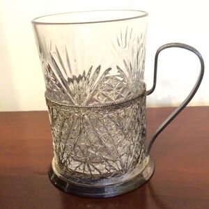 Set of Six Vintage Filigree Cup Holders With Handles And 6 Crystal Glasses